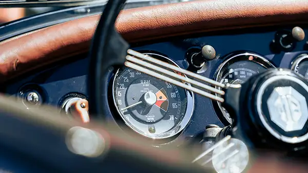 Closeup of a dashboard of a classic MG